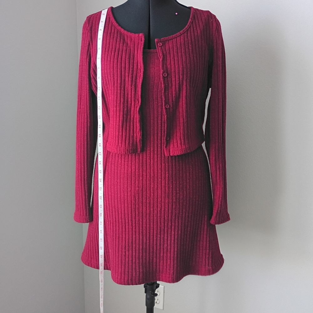 SHEIN Burgundy Ribbed Knit Mini Dress with Cropped Cardigan - Picture 6 of 9